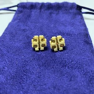 Tory Burch earrings studs gold and crepe in excellent condition with bag!